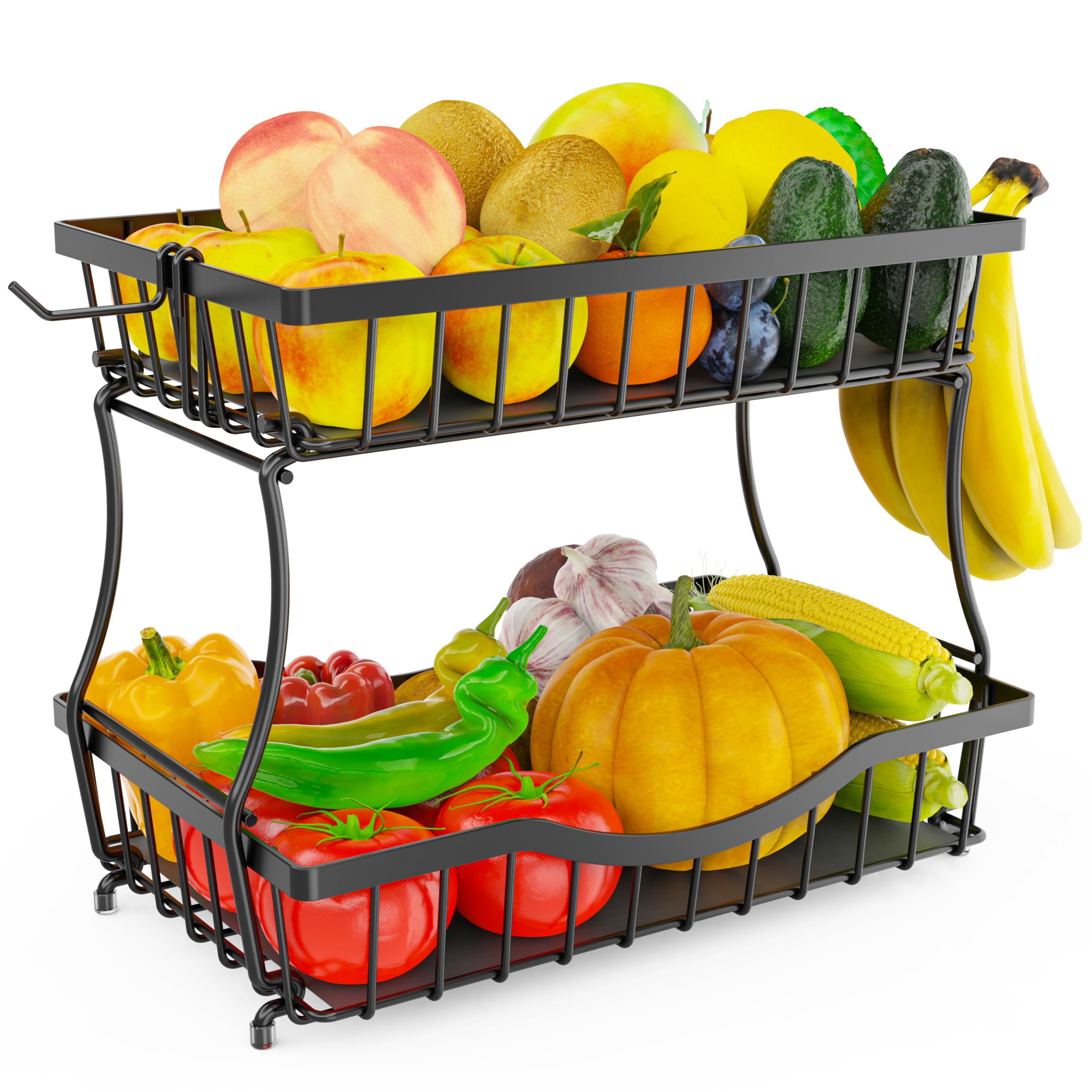 Photo 1 of Zurklulu Large 2-Tier Fruit Basket for Kitchen Counter with 2 Banana Hangers – Metal Fruit Bowl for Onion, Vegetable, Snacks, Breads Storage – Countertop Organizer – Black, 14.5" W x 9.5" D