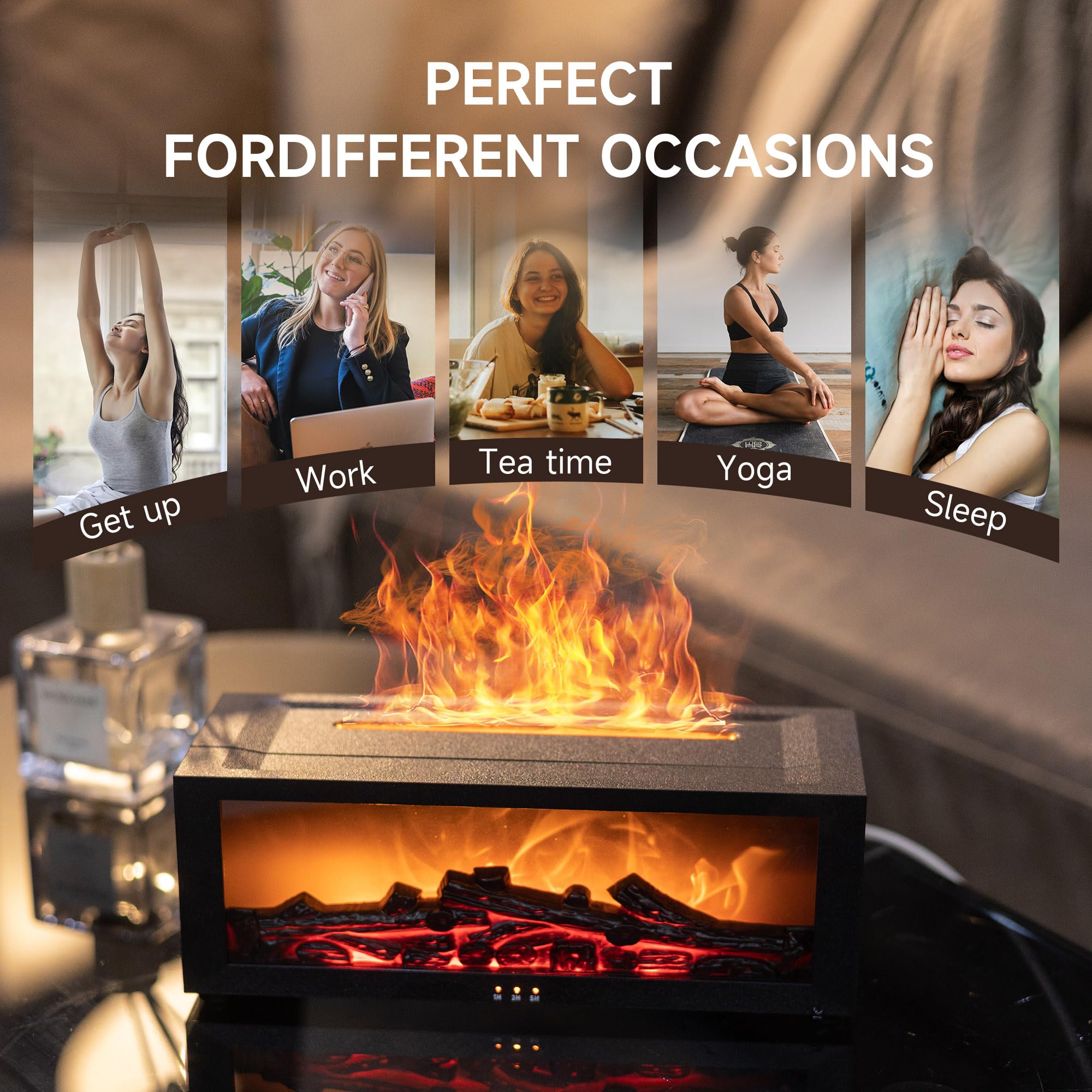 Fireplace Flame Air Diffuser Humidifier,7 Colors Aromatherapy Essential Oil Diffuser,Ultrasonic Aroma Humidifier with Timer for Home,Bedroom,Office,Yoga (Black, L)