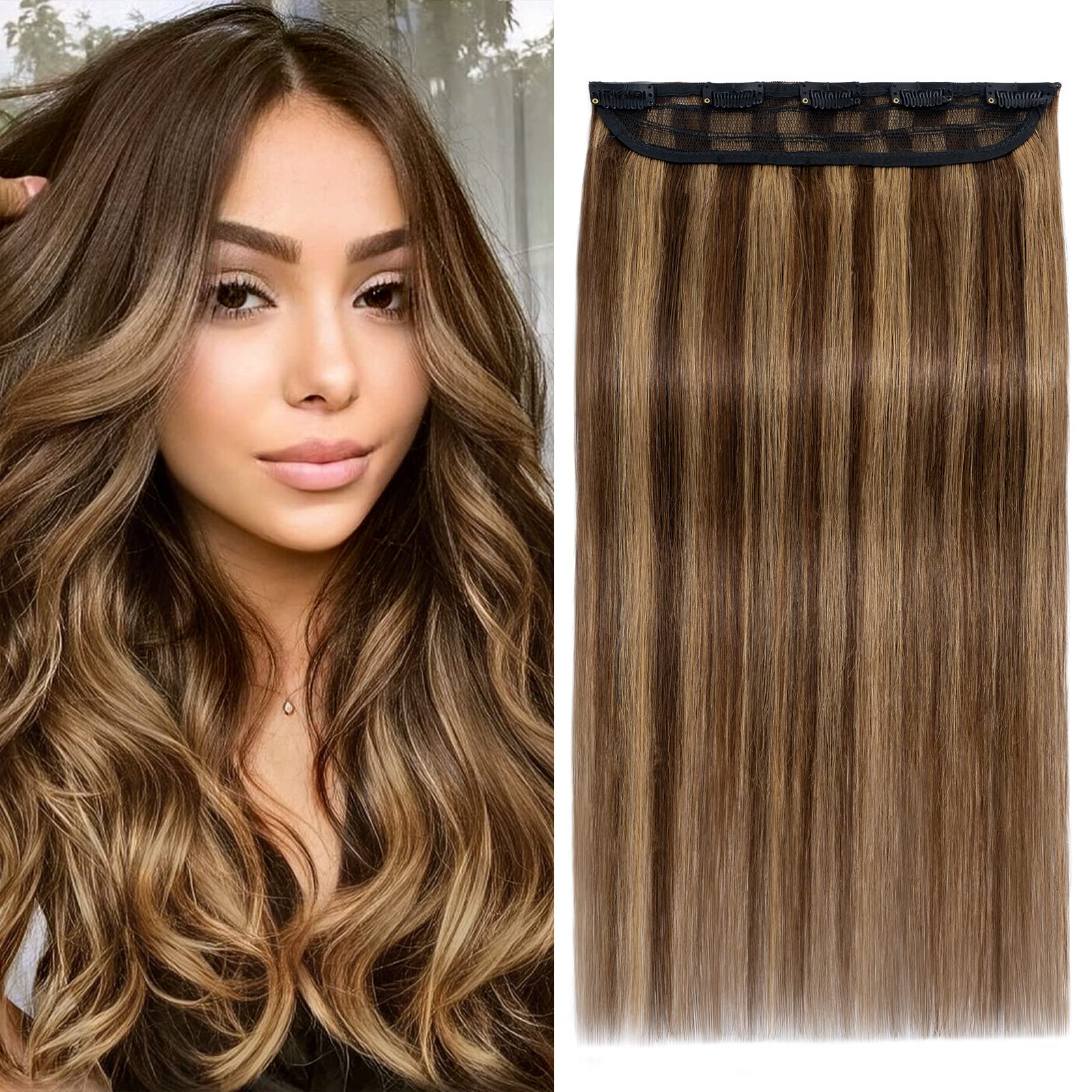 Photo 1 of Benehair Clip in Hair Extensions Real Human Hair Bayalage Brown with Blonde Highlights 3/4 Full Head with 5 Clips 1 Piece Hair Clip in for Women with Thinning Hair(#4P27 Medium Brown&Dark Blonde, 16?)
