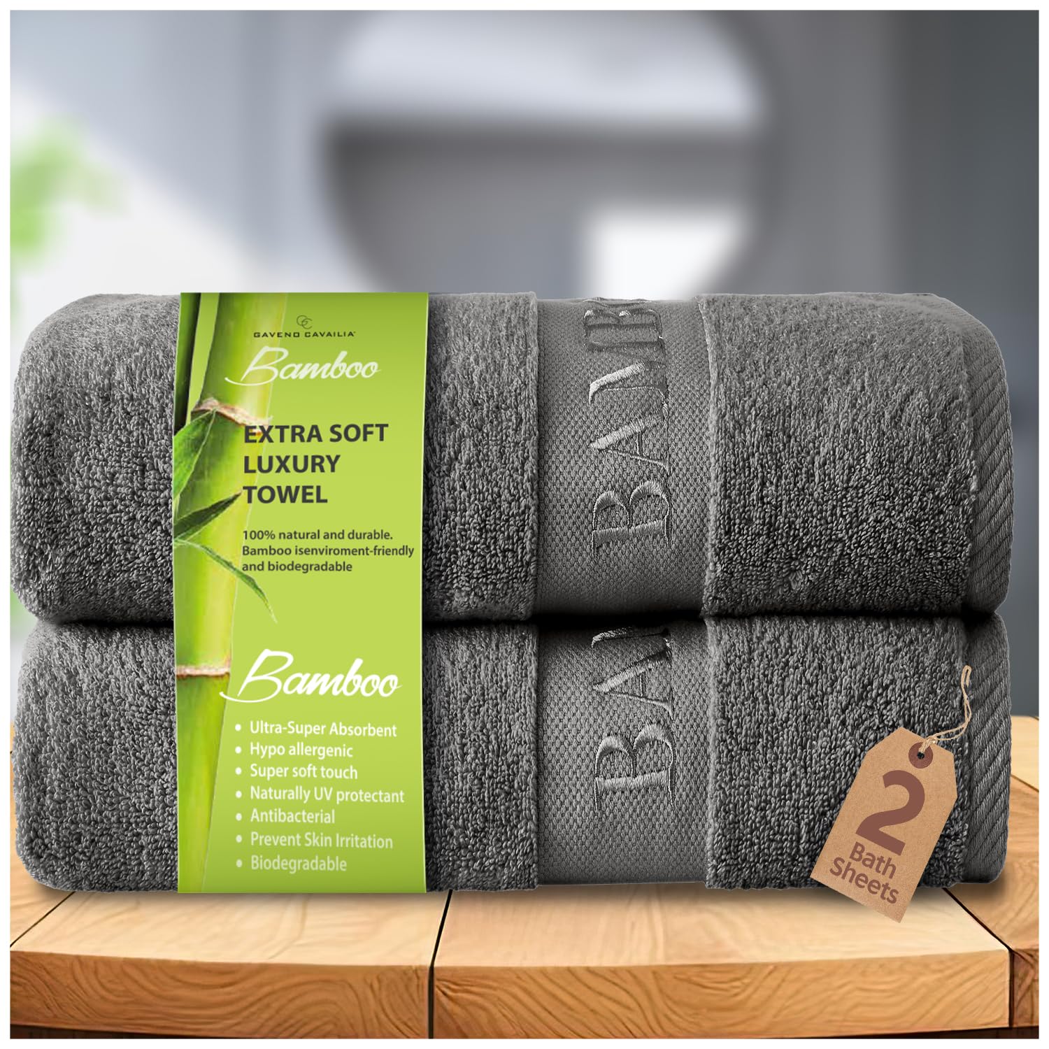 GC GAVENO CAVAILIA Bamboo Bath Sheet Extra Large (80x140cm) - 500 GSM Super Water Absorbent Towels Large Bamboo Towels 2 Pack (60% Bamboo, 40% Cotton) - Extra Soft Towel Bath Sheets - Charcoal