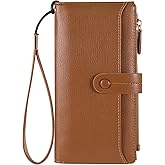 VTLASK Wallets for Women, Leather RFID Blocking Wallet Large Capacity Card Holder Ladies Clutch Wristlet Long Purse with Zipper Coin Pocket - Brown