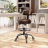 Office Drafting Chair with Footrest, Tall Height Adjustable Stool with Back Support, Heavy Duty Rolling Stool Chair with Wheels for Office Home Kitchen Bar Shop Guitar Studio Medical Vanity(Brown)