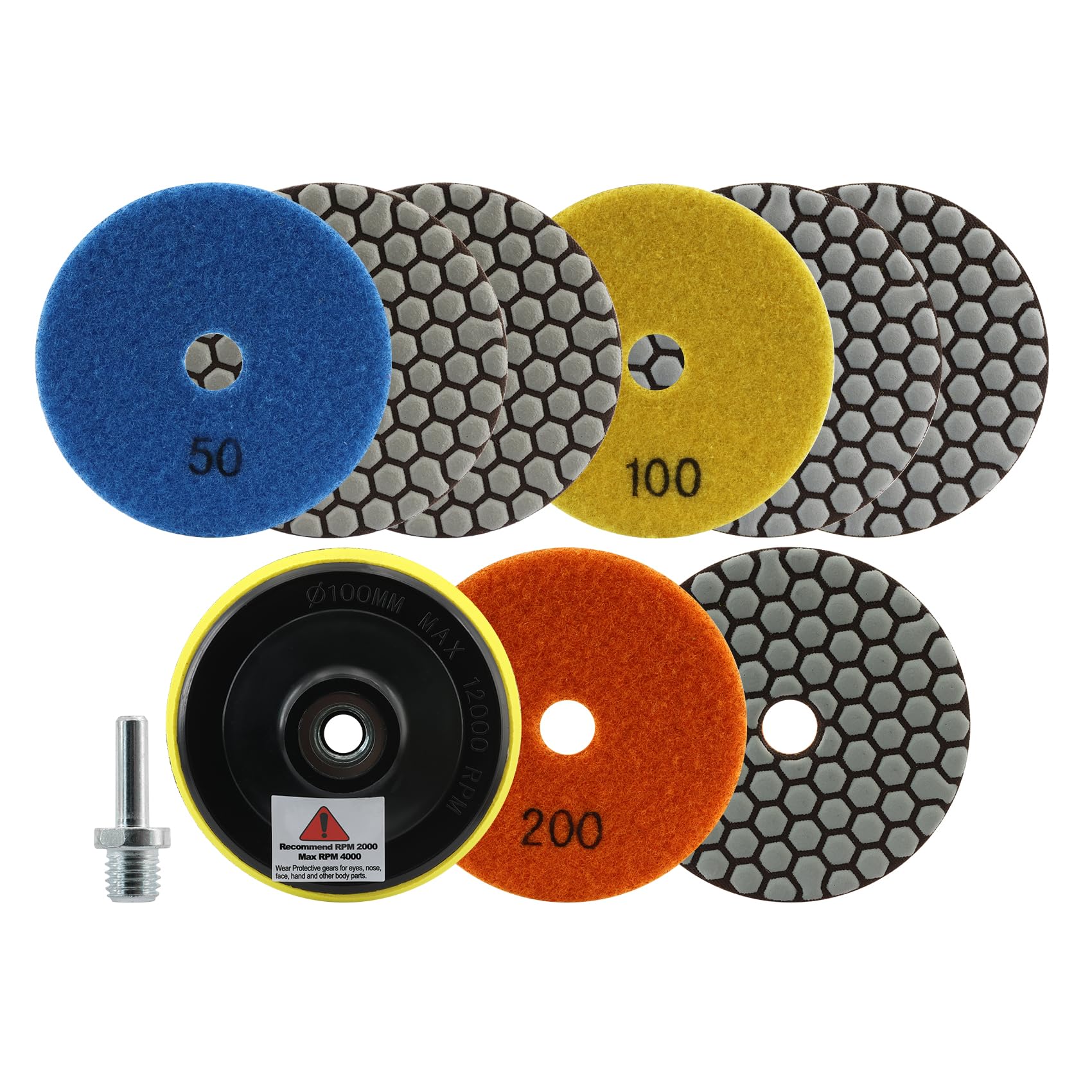 FOCSTOL Diamond Dry Polishing Pads - 8pcs 100mm grit 3pcs 50+100+ 2pcs 200 Polishing Kit with M14 Backer for Granite Marble Artificial Stone Quartz for Angle Grinder