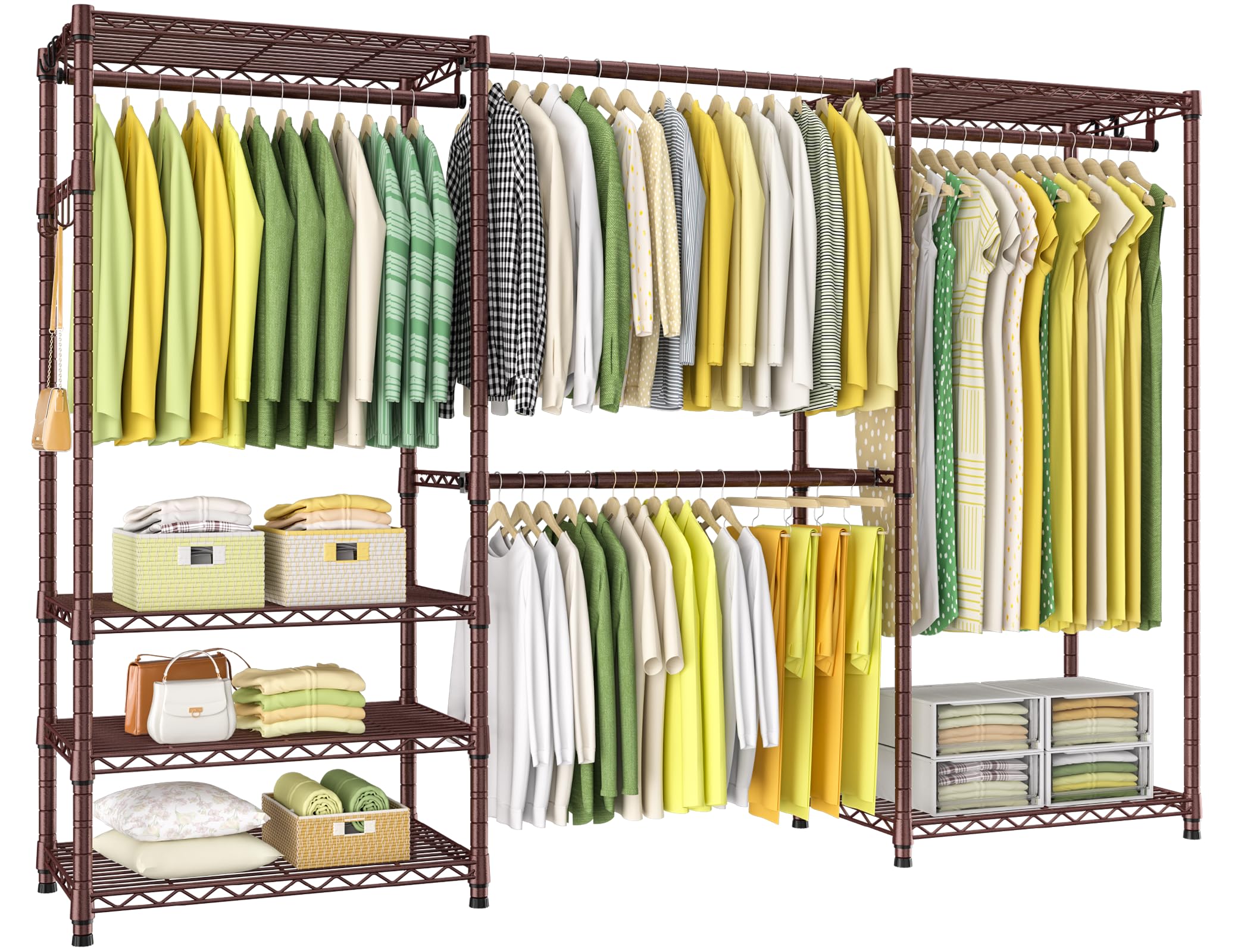 Ulif E1 Heavy Duty Closet Garment Rack, 6 Tiers Adjustable Metal Freestanding Expandable Clothing Storage with 4 Hanger Rods, Easy to Assemble Wardrobe, 71.4" H x (70" - 88.2") L x 14" D, Bronze