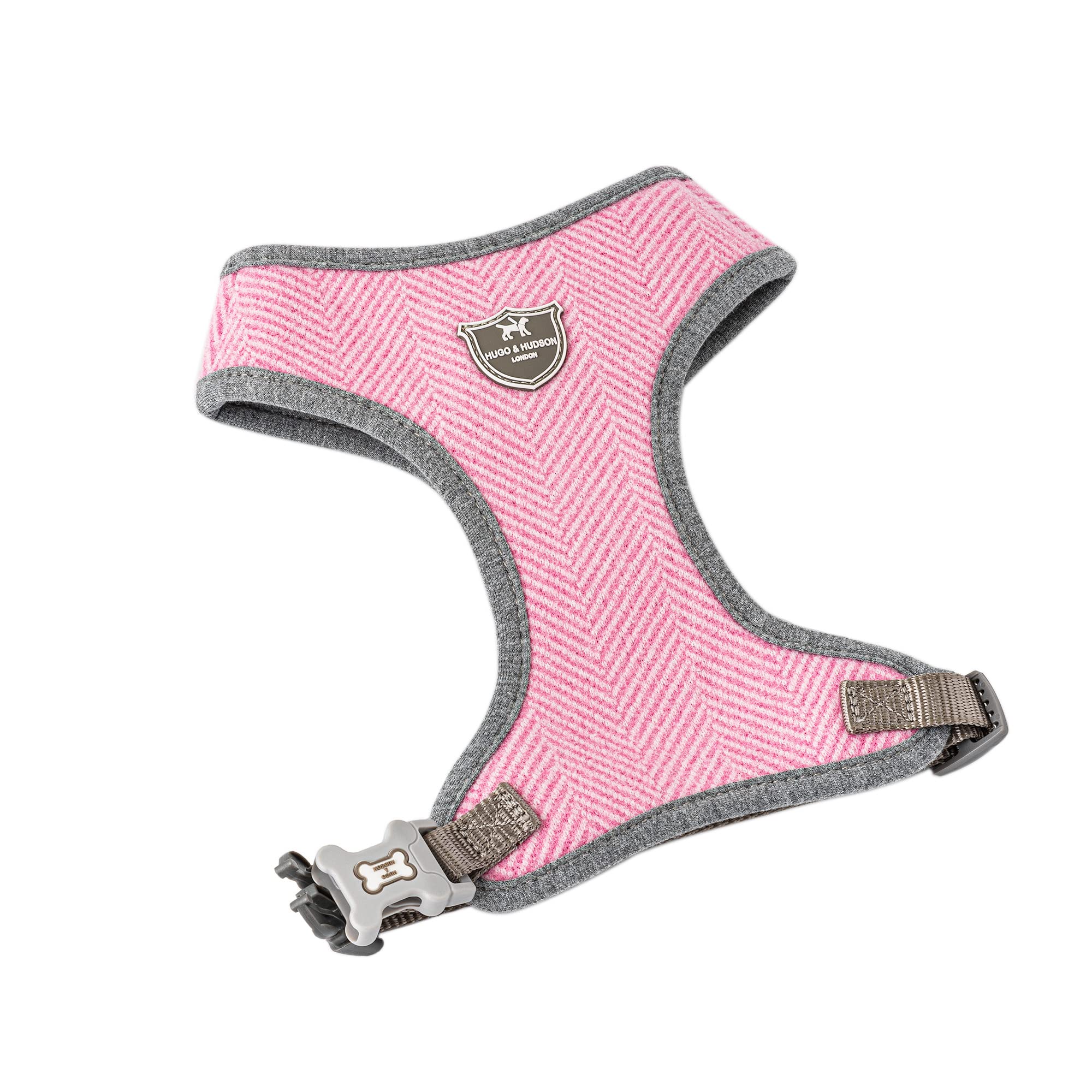 HUGO & HUDSON Tweed Dog Harness No Pull Adjustable Rear Buckle Vest, Pink Herringbone, M