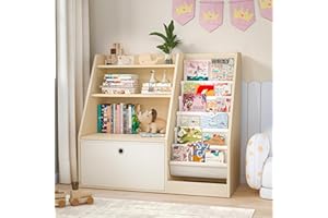 TOETOL Kids Bookshelf & Book Storage，6 Sling Wooden Toddler Book Shelf，3-Tier Wooden Open Bookcase & Storage Organizer Boxes for Nursery, Playroom, Bedroom