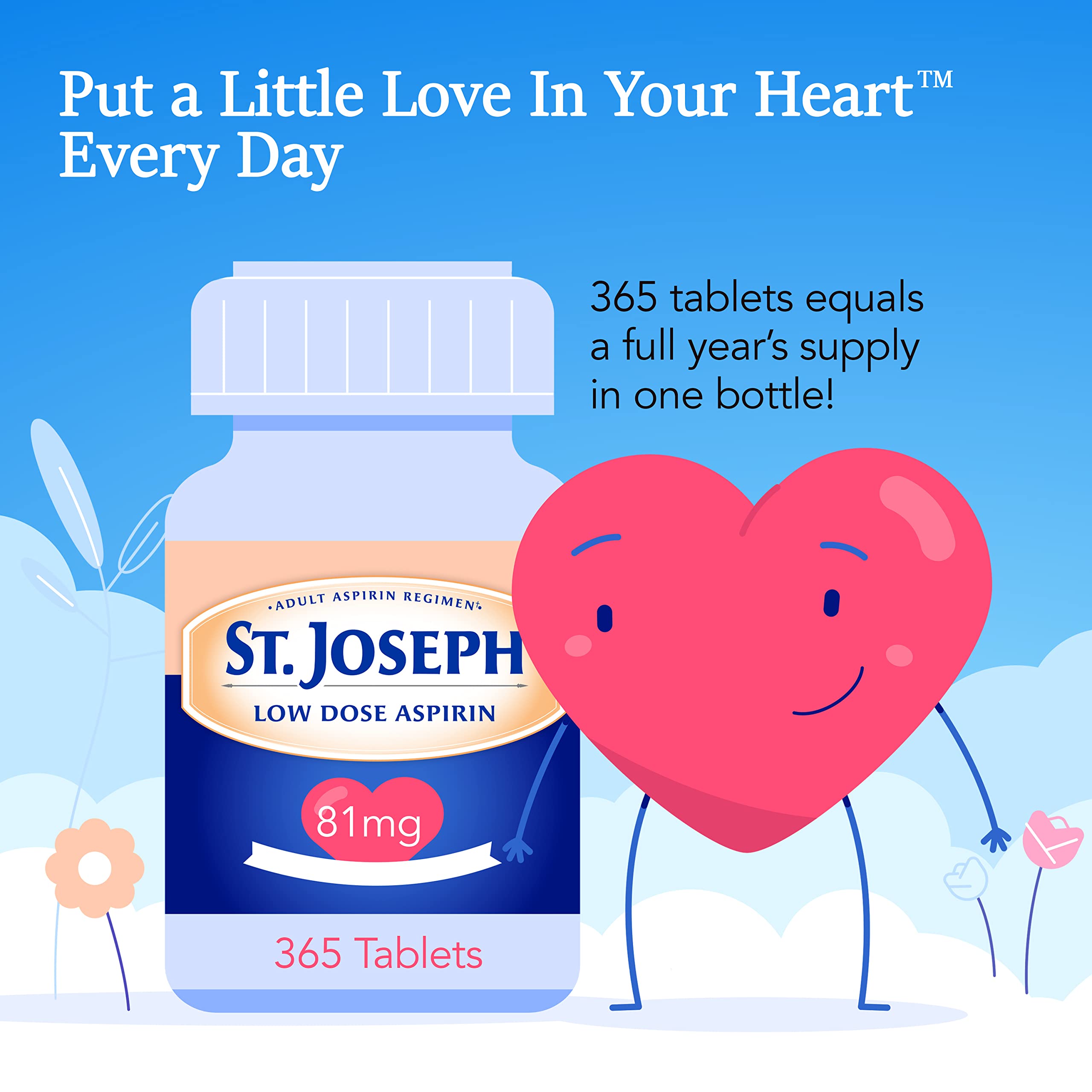 St. Joseph Aspirin Pain Reliever (NSAID) 81mg, Enteric Safety Coated, Adult Low Dose Aspirin, 365 ct (1 Year Supply, Packaging May Vary)