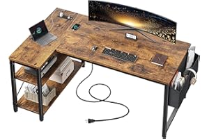 Bepatio L Shaped Computer Desk with Power Outlets, 47 Inch Home Office Corner Desk with Storage Shelves, Gaming Desk Working 