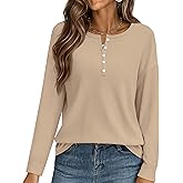 KIRUNDO Oversized Waffle Knit Tops for Women 2025 Fall Long Sleeve Henley Shirts Casual Blouse Deco Button Fashion Clothing