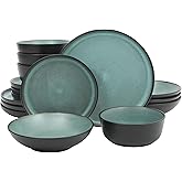 Gibson Elite Tribeca Loft 16-Piece Dinnerware Set – Matte Black and Green Reactive Glaze Stoneware, Double Bowl Round Plates and Bowls – Modern Rustic Tableware for 4, Dishwasher & Microwave Safe