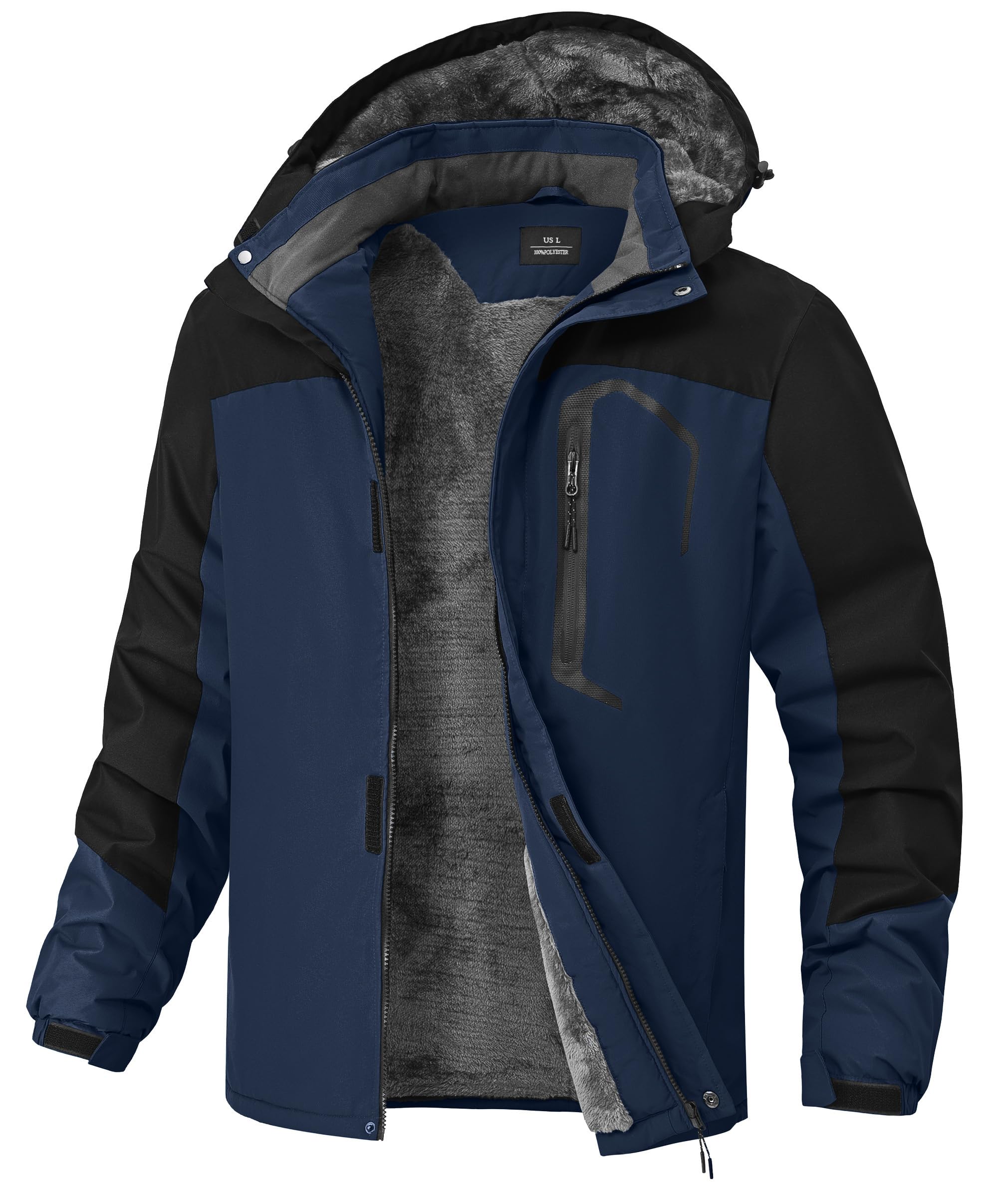 Photo 1 of RBYEKP Ski Winter Jacket for Men Waterproof Warm Fleece Snowboarding Jacket Sharpa Lined Removable Hood Thermal Winter Coat with Zipper Pockets Navy Blue/Black L