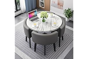 NUIPESN Office Reception Table Set for 4, Versatile Small Coffee Dining Table and Chair Set, Round/Square Furniture for Conference Room, 31.5 (White Marble + Dark Gray, Round, Leather, 31.5"L*31.5"W*29.13"H)