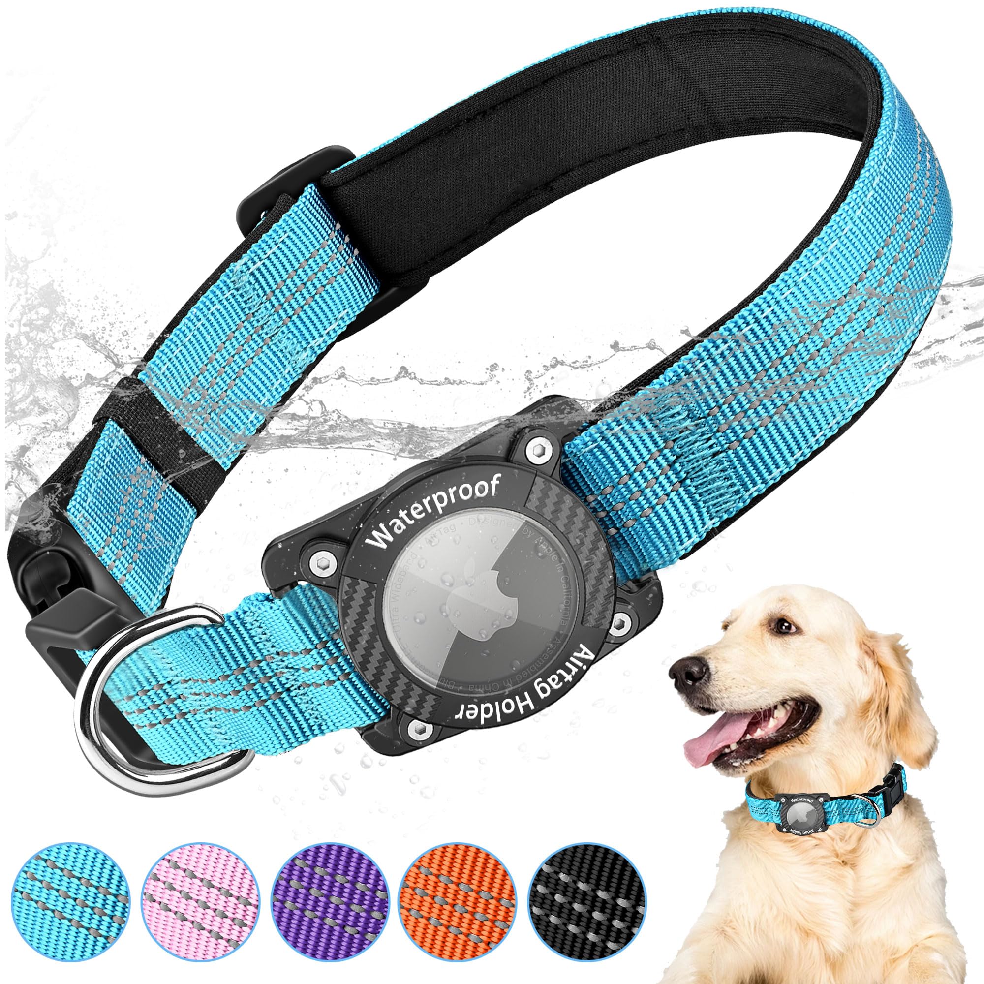 LZXLXS AirTag Dog Collar, IPX8 Waterproof Air Tag Dog Collar Holder, Luminous, Reflective, Durable, Comfortable Padded GPS Collars for Small Medium Large Dogs, Blue, L
