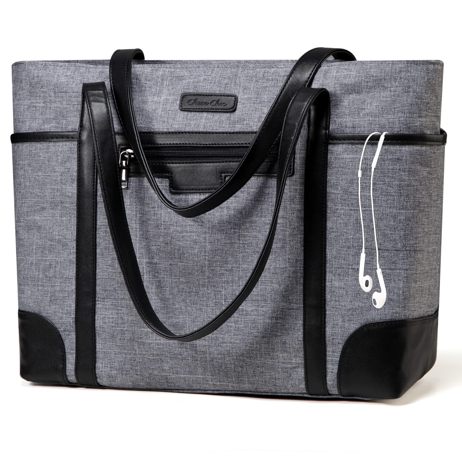 Chase Chic Laptop Tote for Women, Waterproof Large Shoulder Bag, 15.6 inch Computer Work Bag, Classic Teacher's Handbag with Luggage Strap Grey