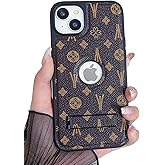 Dropcases Compatible with iPhone 14 Case Designer for Women Girls Luxury Leather Case Logo View with Metal Stand Shockproof Protective Phone Cover for iPhone 14-6.1”(Brown)