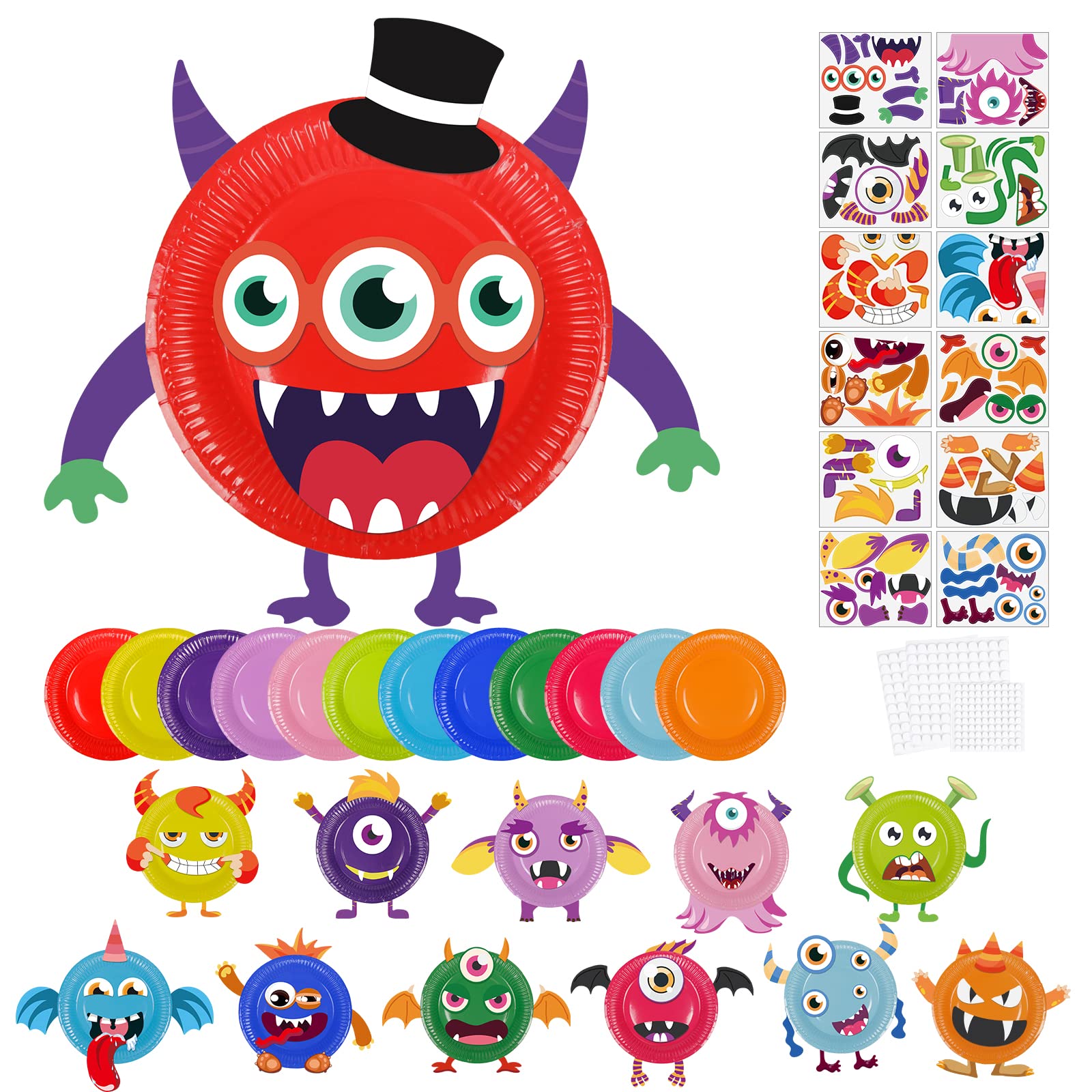 LOOPES Arts and Crafts for Kids,12 Pack Monster Paper Plates Art Sets DIY Halloween Craft Kit with Foam Sticker for 3-12 Years Old Boys Girls Gift & Educational Toys