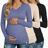 Velvelhall 3 Pack Women's Maternity Shirts Fleece Long Sleeve V Neck Ribbed Pregnancy Tops Slim Fit Base Layer Mama Clothes