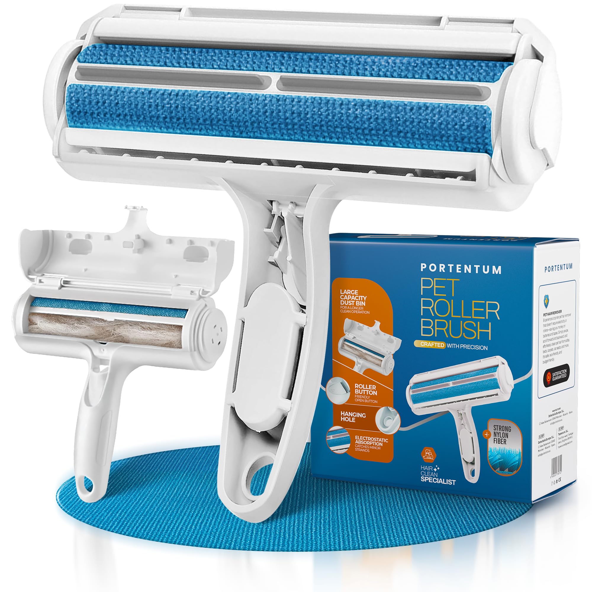 PORTENTUM Pet Hair Remover Roller, Reusable Animal Hair Removal Brush for Dogs and Cats, Easy to Clean Fixed Areas Pet Fur from Carpet, Furniture, Rugs, Stairs, bedding and Sofa