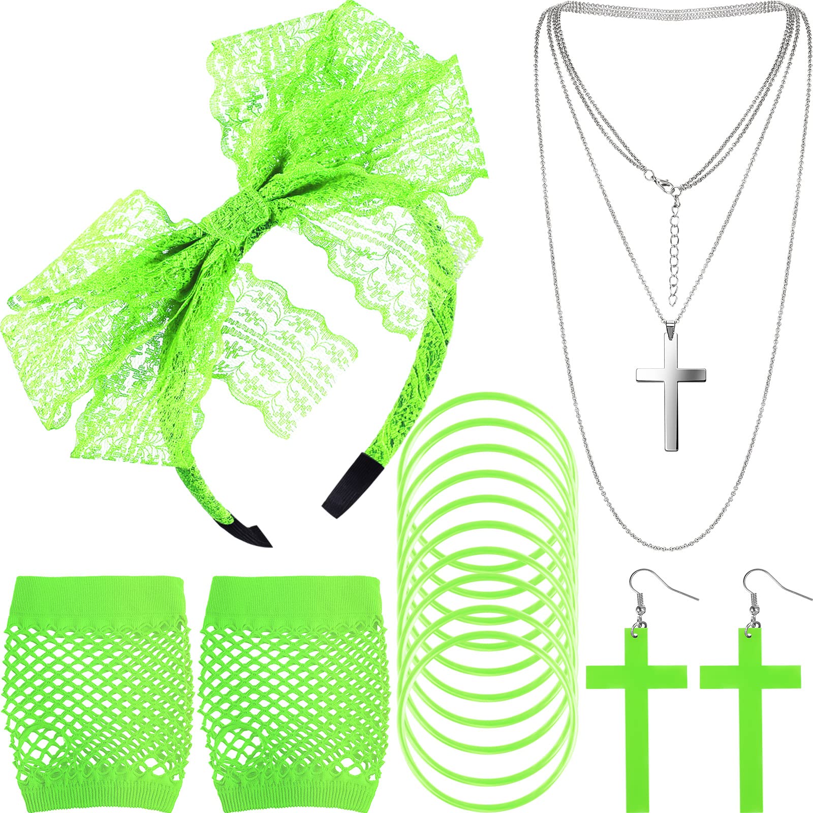Blulu 80s Accessories for Women Dress Costume Lace Headband Earrings Fishnet Gloves Necklace Bracelet(Fluorescent Green)