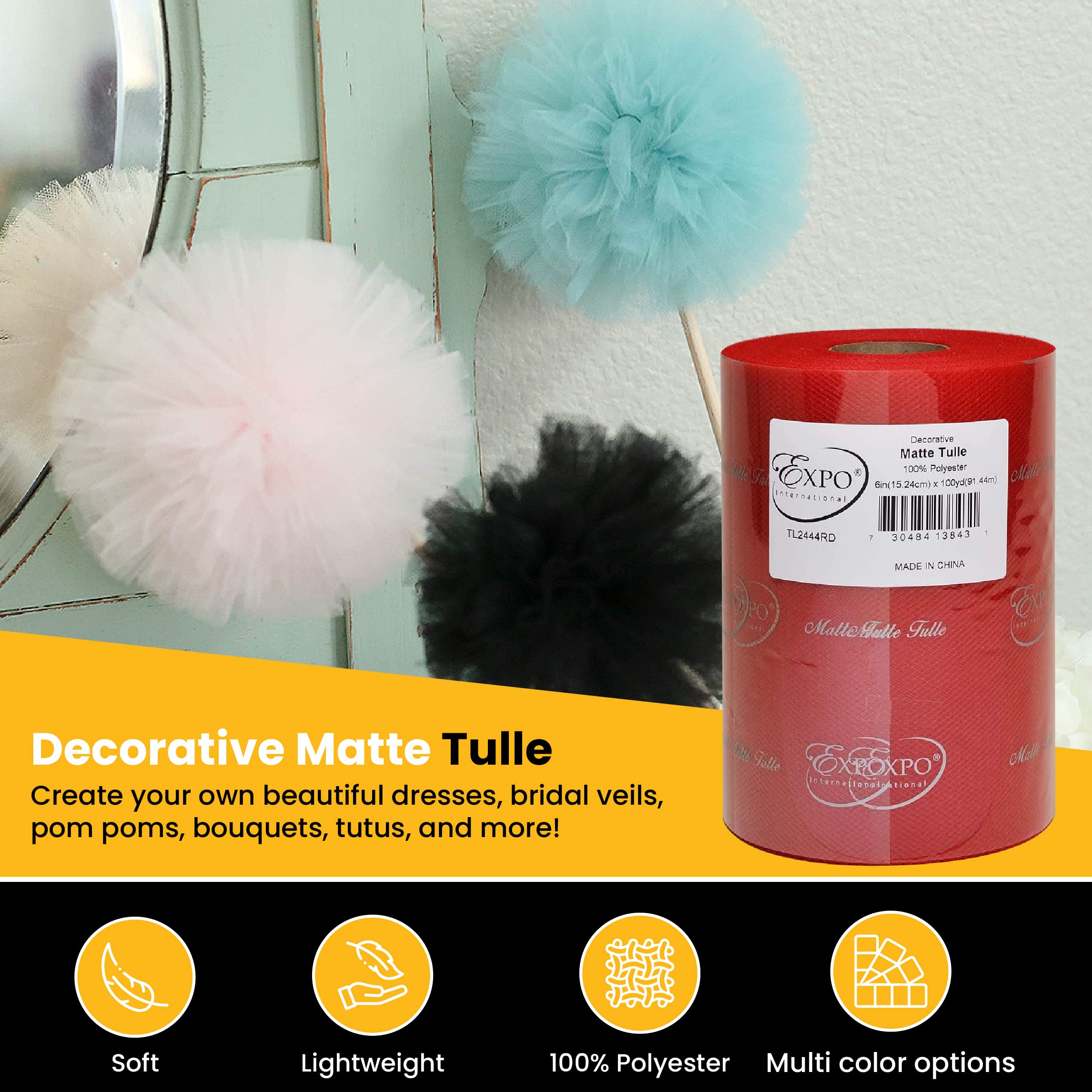 Expo International Decorative Matte Tulle, Roll/Spool of 6” X 100 Yards, Lightweight Polyester Tulle Fabric for Tutus, Costumes, and Party Decorations, Washable, Easy-to-Use, Red