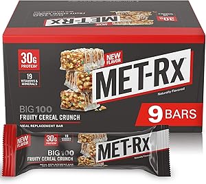 MET-Rx Big 100 Fruity Cereal Crunch Bar, High Protein, Meal Replacement, with Vitamin A, C and Zinc, 9 Ct, 9 Count