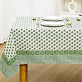 Newtay 60'' x 90'' Cotton Tablecloth Handmade Cotton Floral Tablecloth Washable Print Rectangle Table Cover with Dust Proof Wrinkle Resistant for Kitchen Dining Party Buffet(Green,Emerald Green)