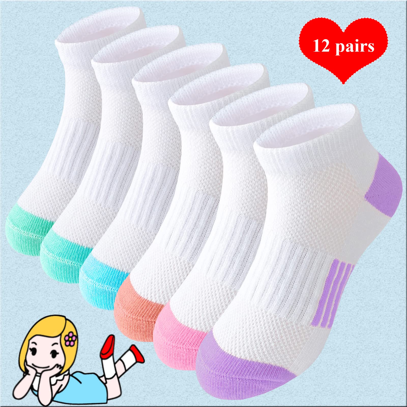 Bemeol Girls Socks 12 Pairs Ankle Athletic Socks Cotton Sports Sock For Little Big Kids