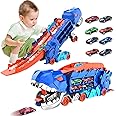 HACOCOLA Dinosaur Transporter Truck Foldable Sliding Race Track Toy with 8 Toy Cars for Kids Age 3 4 5 6 7 8 (Blue)