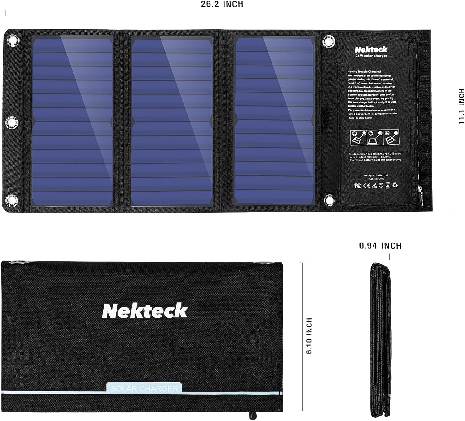 Nekteck 21W Portable Solar Panel Charger, Waterproof Camping Gear Solar Powered Charger with 2 USB Port for iPhone X/8 Plus, Samsung Galaxy s9/s8,iPad, Tablet and Any USB Devices