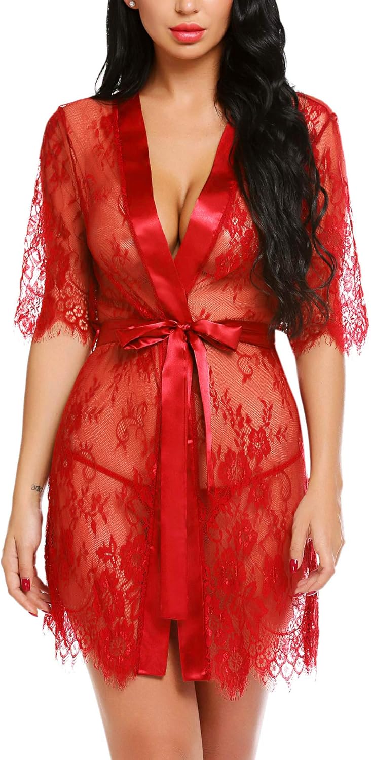 Avidlove Women Kimono Robe Floral Lace Babydoll Lingerie Sheer Mesh Nightgown at  Women’s Clothing store