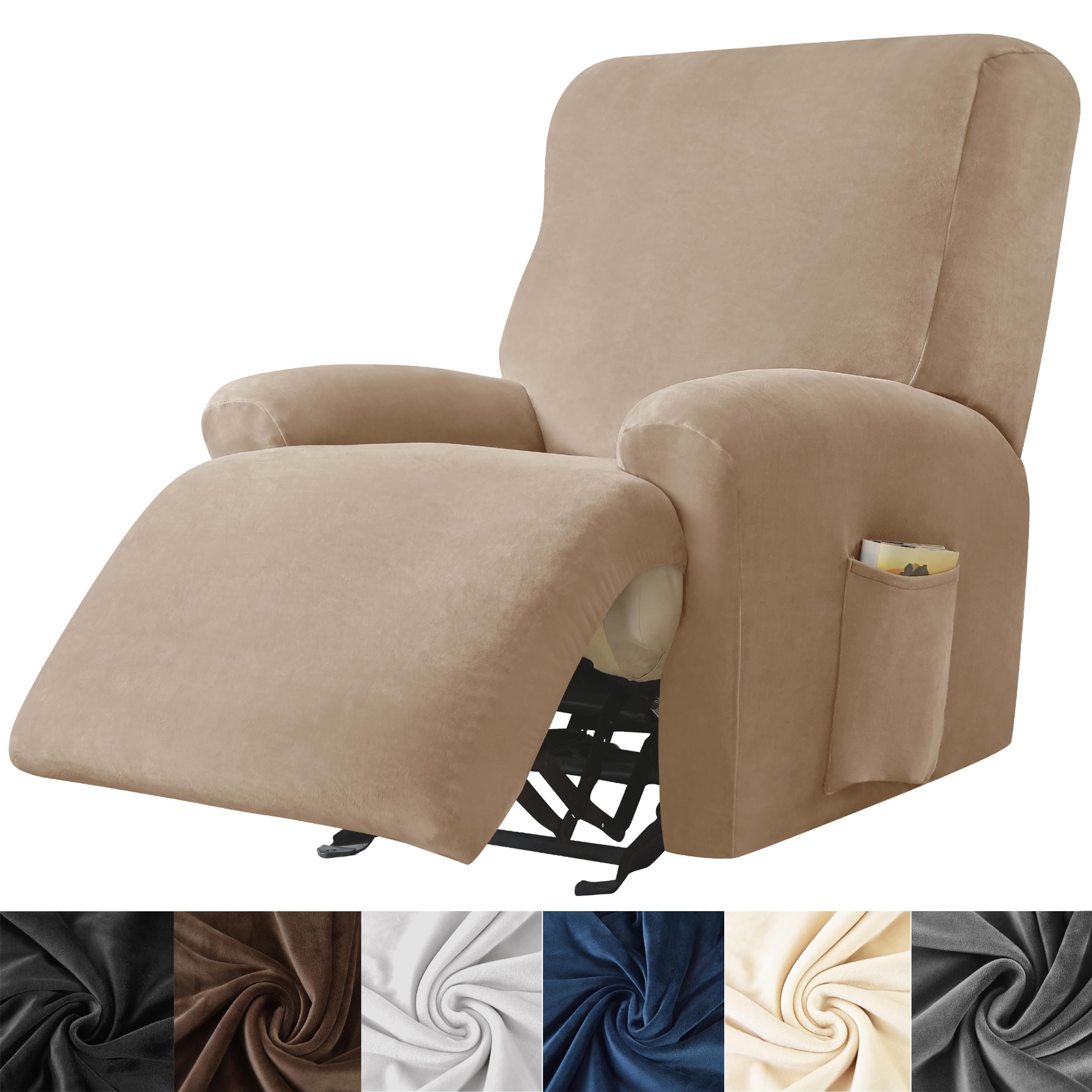 Photo 1 of HFCNMY Recliner Chair Covers,4 Pieces Stretch Velvet Recliner Cover Thick Recliner Slipcovers-Covers for Recliners with Elastic Bottom Khaki