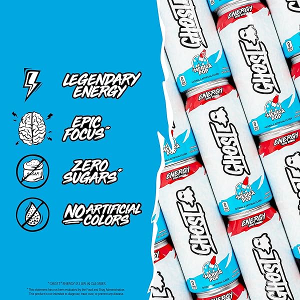 GHOST ENERGY DRINK – 12-PACK, ‘MERICA POP, 16OZ CANS – ENERGY & FOCUS & NO ARTIFICIAL COLORS – 200MG OF NATURAL CAFFEINE, L-CARNITINE & TAURINE – GLUTEN-FREE & VEGAN