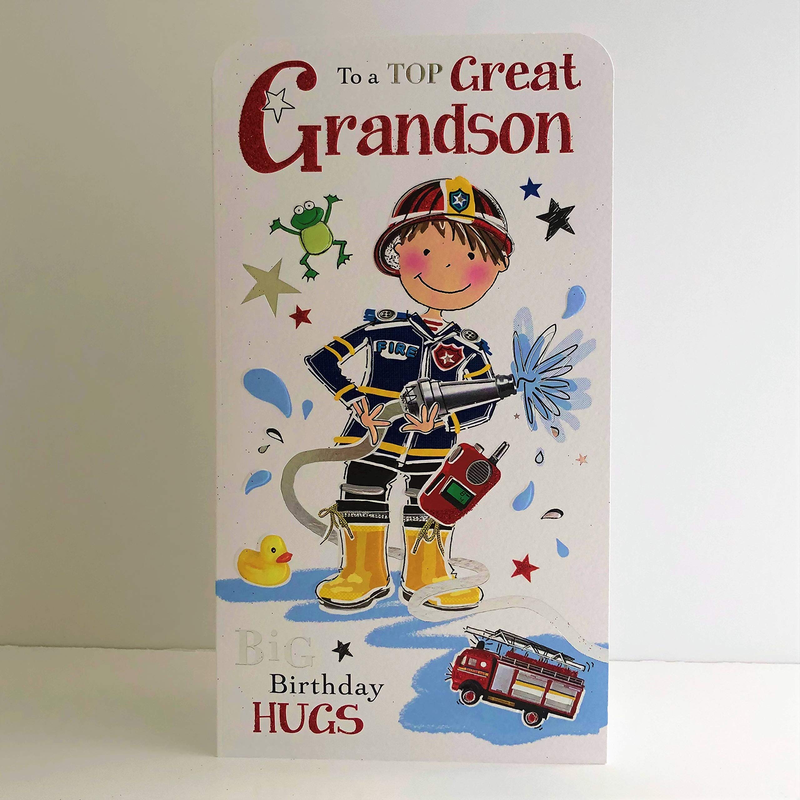 Jonny Javelin Top Great Grandson Big Birthday Hugs Card - Boy Fireman