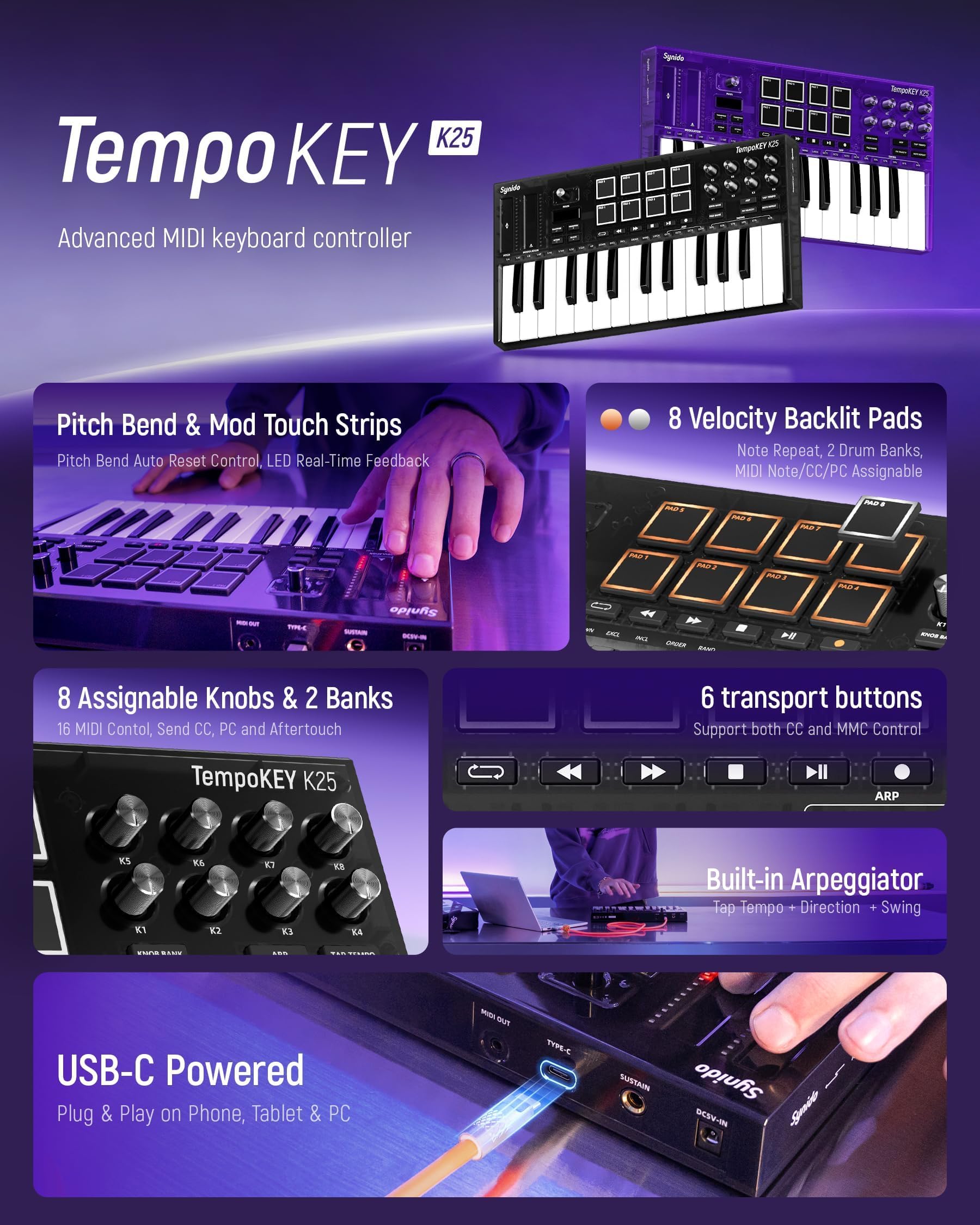 Synido TempoKEY K25 USB C MIDI Keyboard Controller Mit 25 Breiten Tasten, Tiefem Tastenhub Und Anschlagdynamischen Tasten, 8 RGB-Drum-Pads, OLED-Display, Transportsteuerung, Touch Streifen, Arpeggiato 2