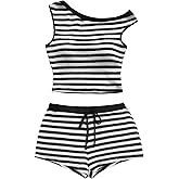 Remidoo Women's Striped Set 2 Piece Outfits Knit Off The Shoulder Crop Tank Top Mini Shorts Vacation Going Out Sets