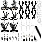 Aurelema 36 Pcs Halloween 1920s Flapper Accessories Set Costume Headpiece Bulk 20's Theme Party with Headband Pearl Bead Necklaces for Women Wedding Costume Tea