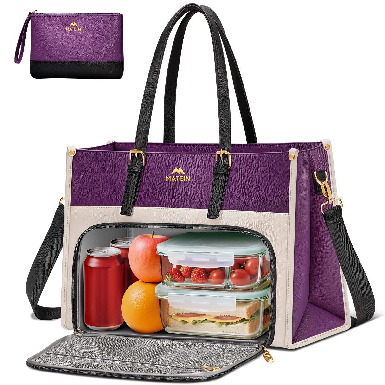 MATEIN Lunch Tote Bag for Women, 15.6 Inch PU Leather Laptop Briefcase with Insulated Lunch Compartment, Large Capacity Professional Computer Work Handbag with Purse for Office Nurse Teacher, 2 Sets
