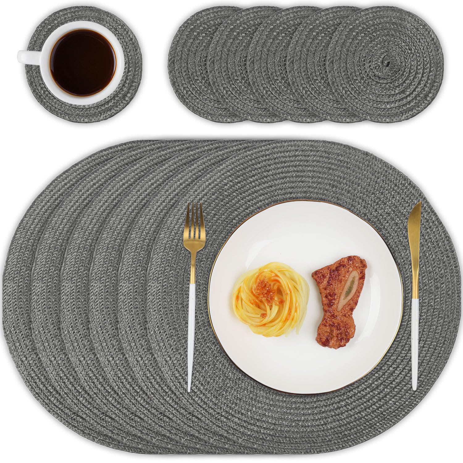 Homcomodar Round Table Place Mats Set of 6 Heat Resistant Round Placemats Washable Dining Table Mats for Kitchen Dinner(Dark Grey)