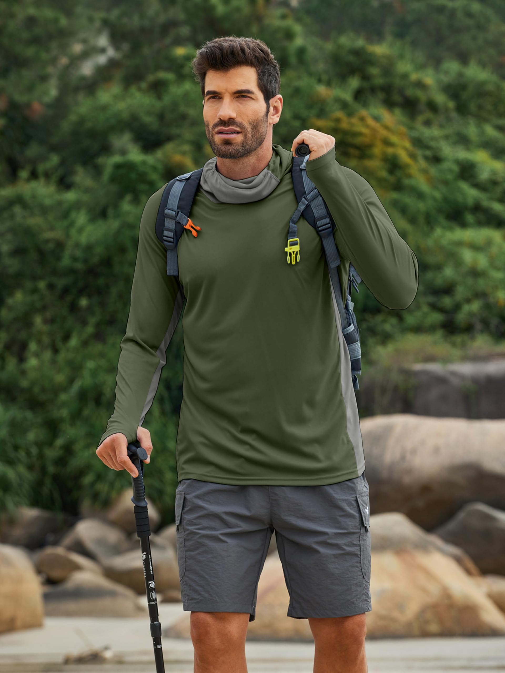 Men's Sun Protection Hoodie with Mask UPF 50+ Fishing Shirts for Men - UV Long Sleeve Shirt Men for Running Athletic Workout M Army Green