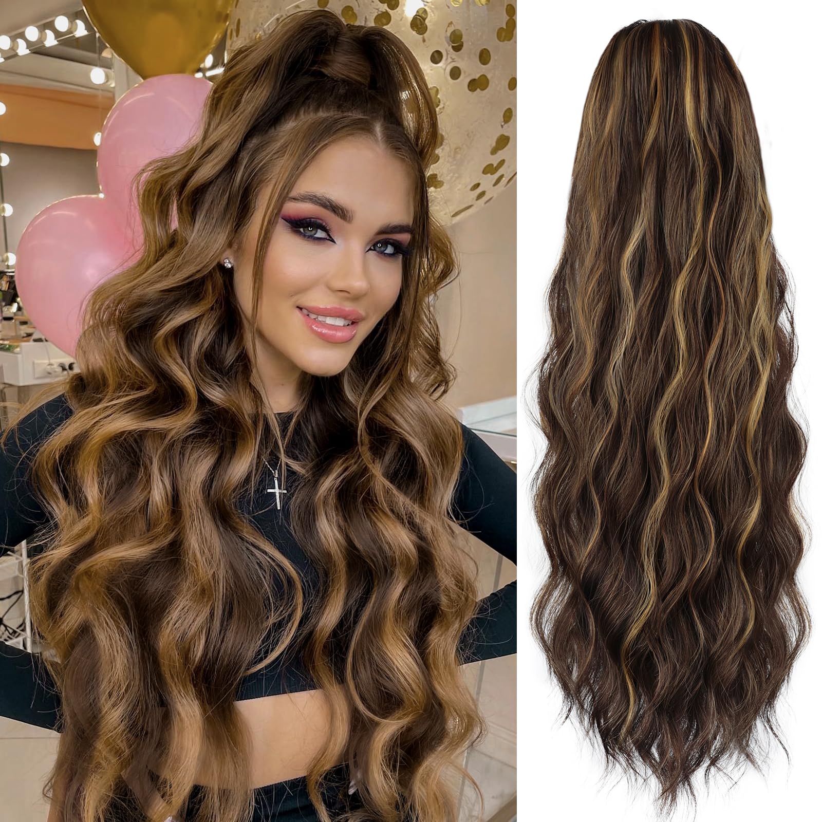 Photo 1 of FREEMEIGE Ponytail Extension for Women Long Wavy Drawstring Ponytail Extension Synthetic Highlight Clip in Ponytail Hair Extensions for Daily Party Use 26 Inch (Dark Brown Mix Caramel Brown)