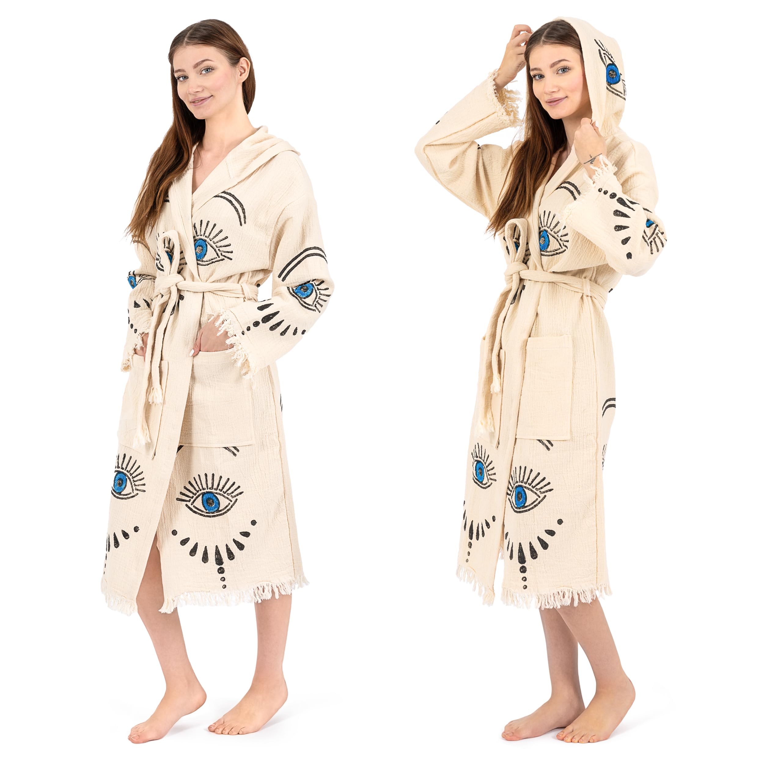 Photo 1 of SECEL Boho Beachwear - Evil Eye Kimono, Aesthetic Handmade Cotton Robe for Women Gym, Pool, Beach Cover Up, Morning Robe, Cardigan (L/XL)