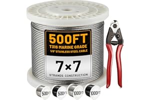 AHEONLAR 500FT 1/8" T316 Stainless Steel Cable for Railing,7x7 Wire Rope with Cutter,1850 lb Breaking Strength,Deck Stair Fence Hardware Kit for Indoor Outdoor Use,Silver