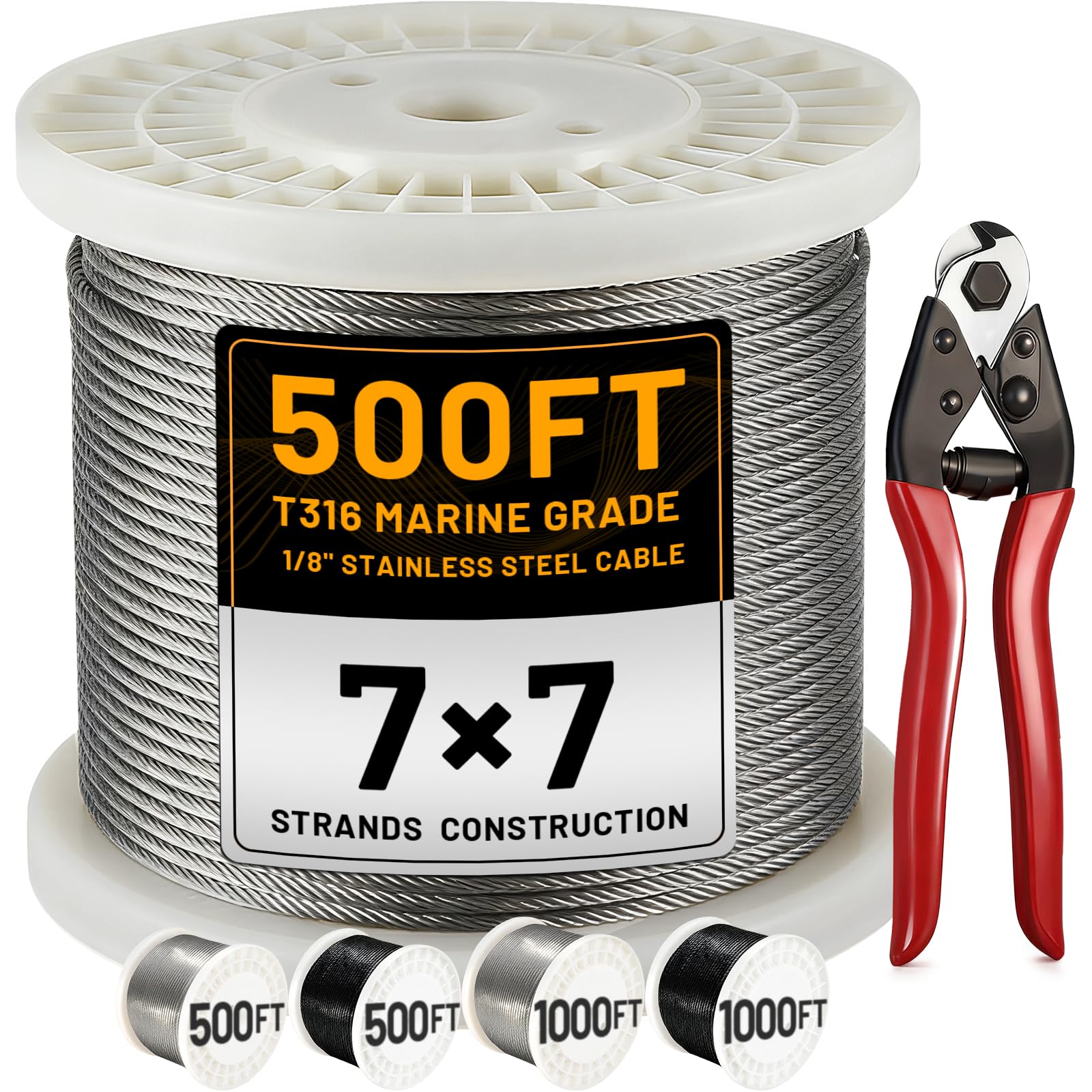Photo 1 of AHEONLAR 500FT 1/8" T316 Stainless Steel Cable for Railing,7x7 Wire Rope with Cutter,1850 lb Breaking Strength,Deck Stair Fence Hardware Kit for Indoor Outdoor Use,Silver