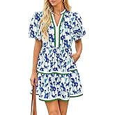 Cicy Bell Womens V Neck Floral Mini Dress Short Puff Sleeve Patchwork Summer Casual Boho Dresses