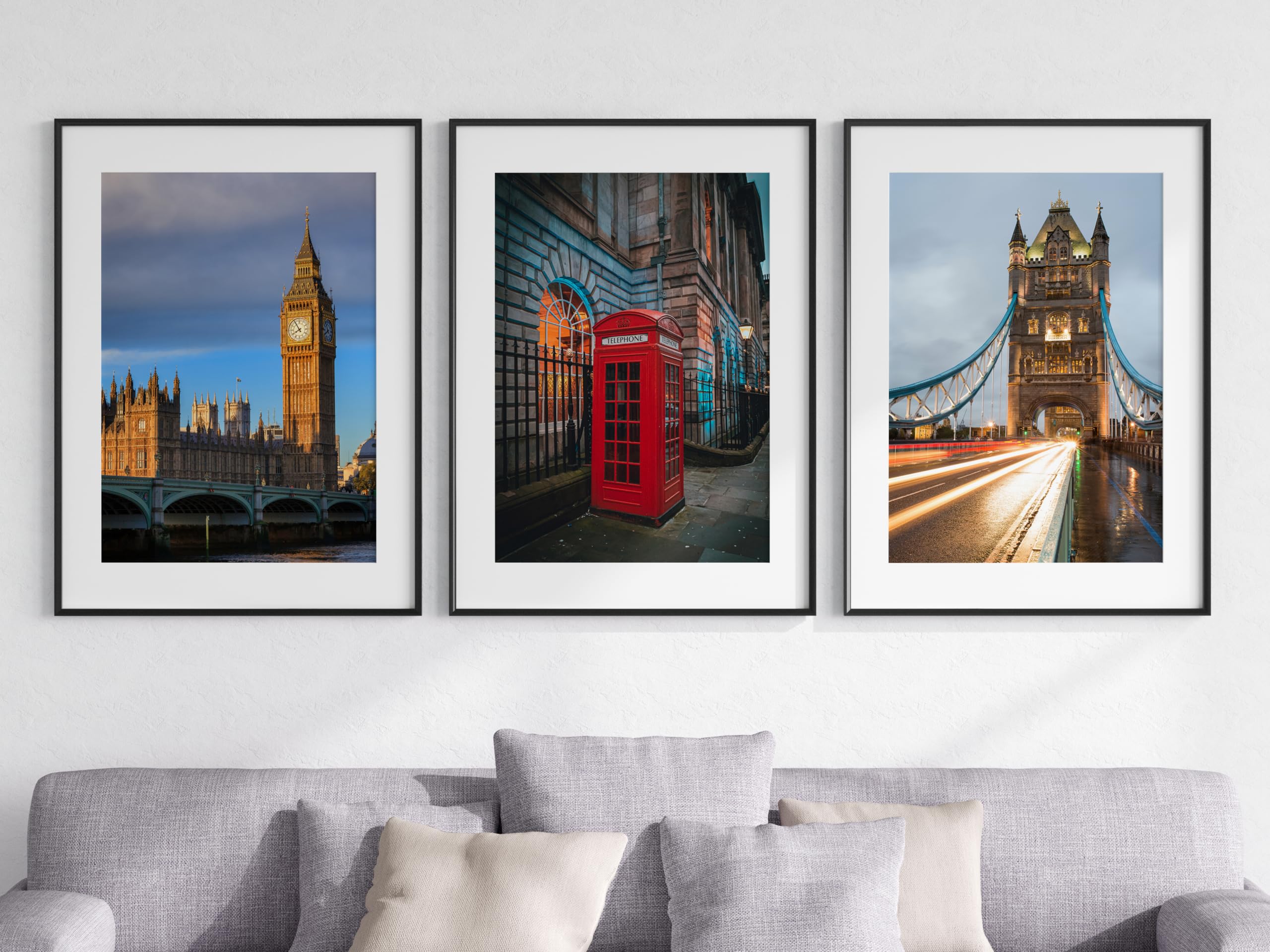 Eviepops Prints London Landscape Set of 3 Unframed Poster Prints, Photographic City Wall Art, Home Décor, Big Ben, Red Telephone Box, London Bridge, City Lights Blue Brown (A3)