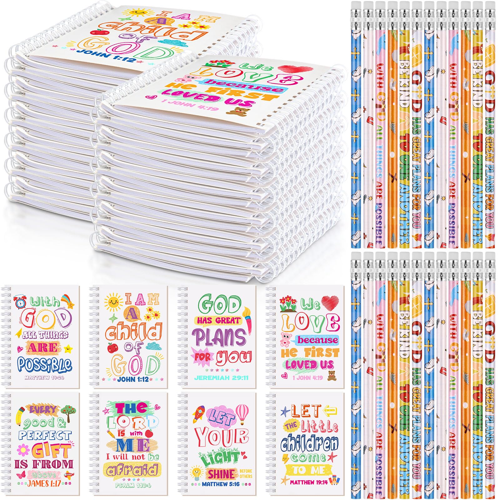 Photo 1 of Crtiin 48 Pcs Include 24 Bible Verse Notepad 24 Pencils Kids Christian Church Gifts Students Classroom Award Religious Notebook Bible Pencils Prayer Pocket School(White Jesus,White)