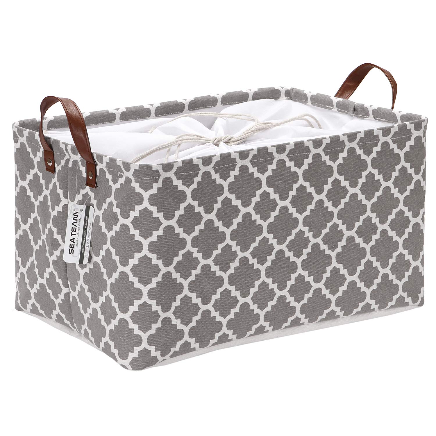 Sea Team Moroccan Pattern Canvas Fabric Storage Basket Collapsible Geometric Design Storage Bin with Drawstring Cover and PU Leather Handles, 16.5 by 11.8 inches, Waterproof Inner