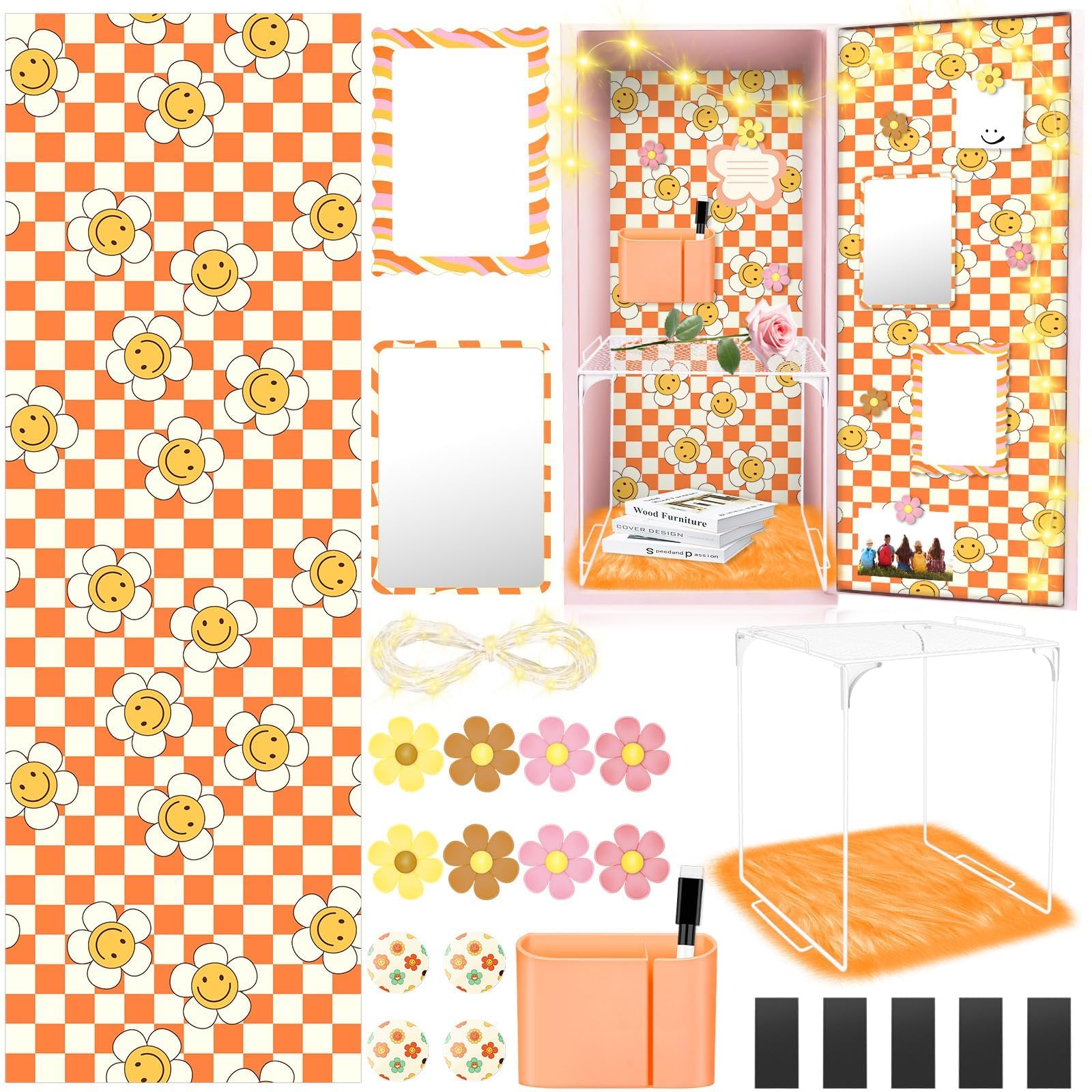 Photo 1 of 25 Pcs Boho Locker Accessories Kit Back to School Essentials Includes Retro Boho Locker Wallpaper Locker Shelf Boho Mirror, Whiteboard, and Organizing Supplies Backing for Girls in Middle School Cute