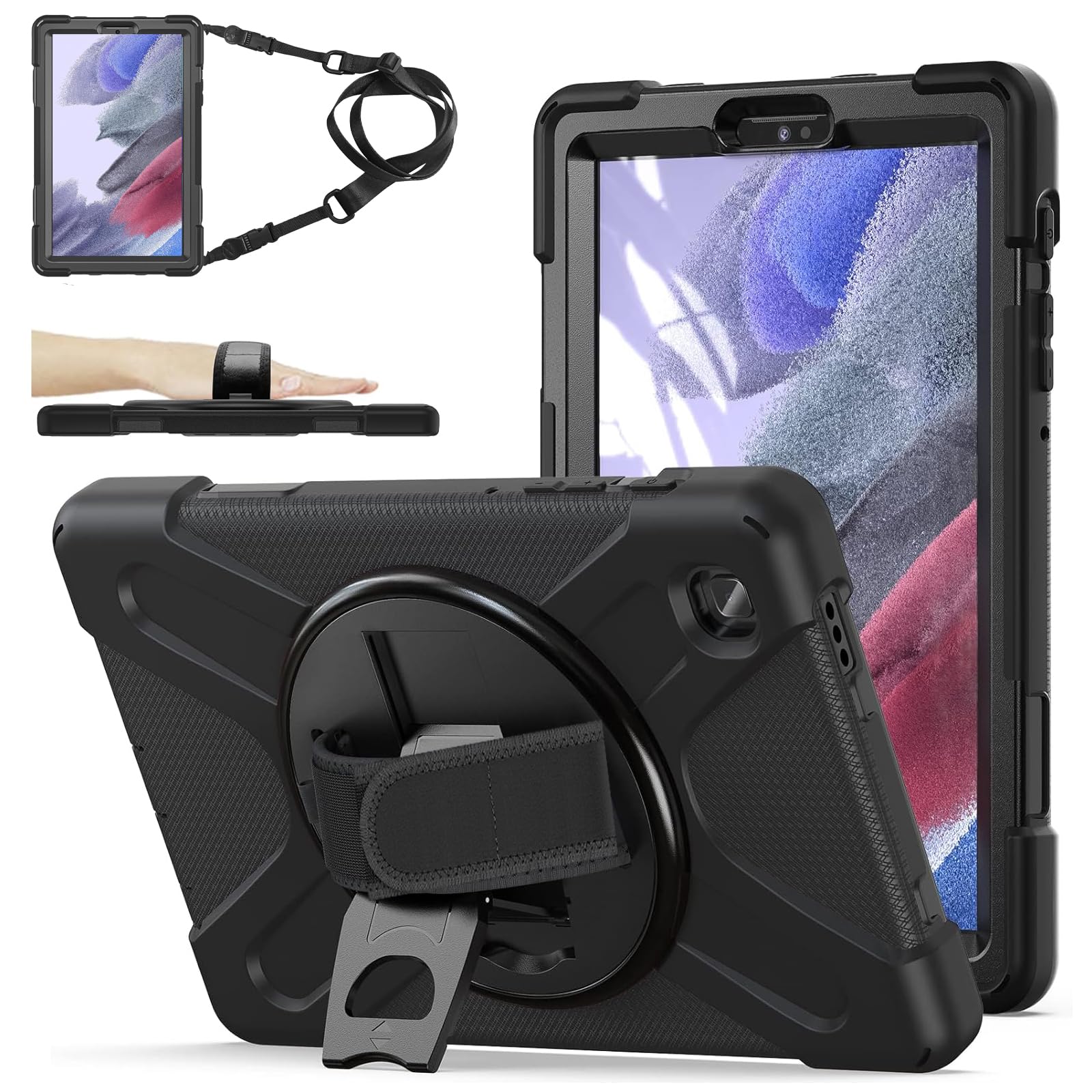 ZenRich Case for Samsung Galaxy Tab A7 Lite 8.7 inch 2021 SM-T220/T225/T227, Shockproof Rugged Case with Kickstand Pencil Holder Hand Strap Shoulder Strap for Samsung A7 Lite Tablet Case, Black
