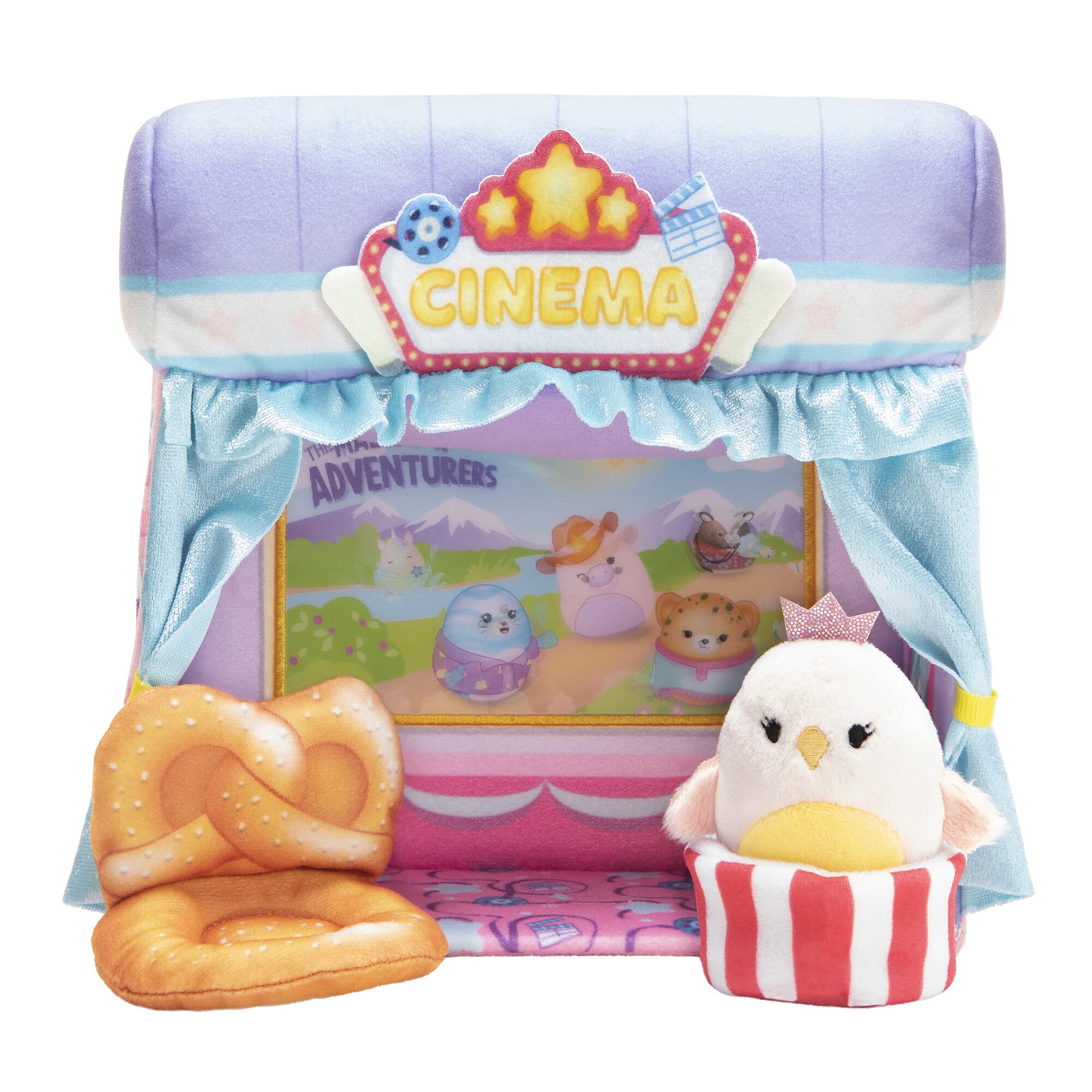 Squishville Mini-Squishmallows Cinema Playset - Includes One 2-Inch Mini Plush, One Pretzel Chair, One Popcorn Bucket - Irresistibly Soft, Colourful Plush
